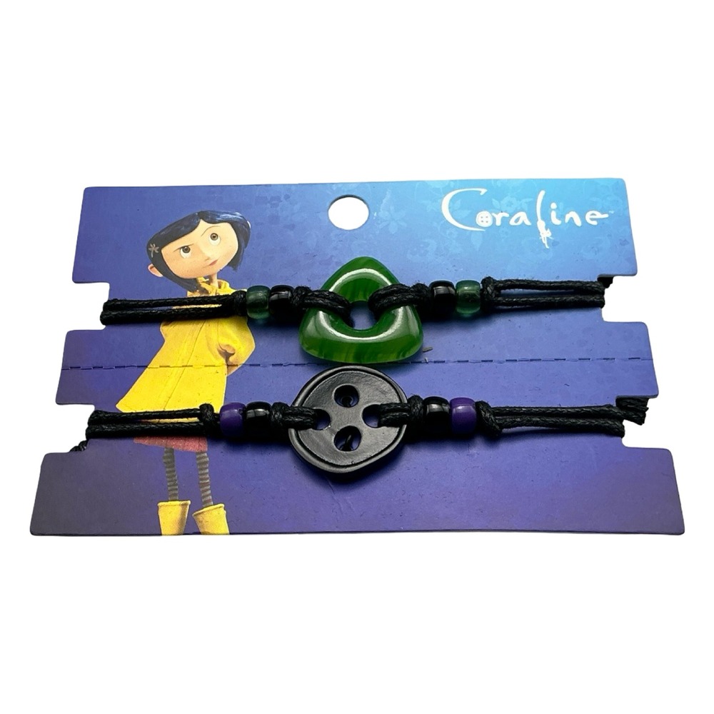 Coraline Seeker Stone and Button Cord Bracelet Set Hot Topic Black Green Purple